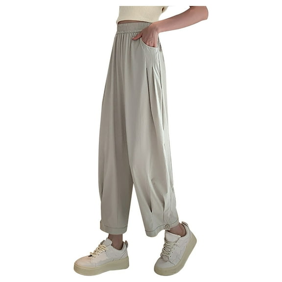 Lenpel Women's Casual Pants Elastic High Waisted Fold Pleated Palazzo Trousers Loose Lightweight Summer Lounge Pants
