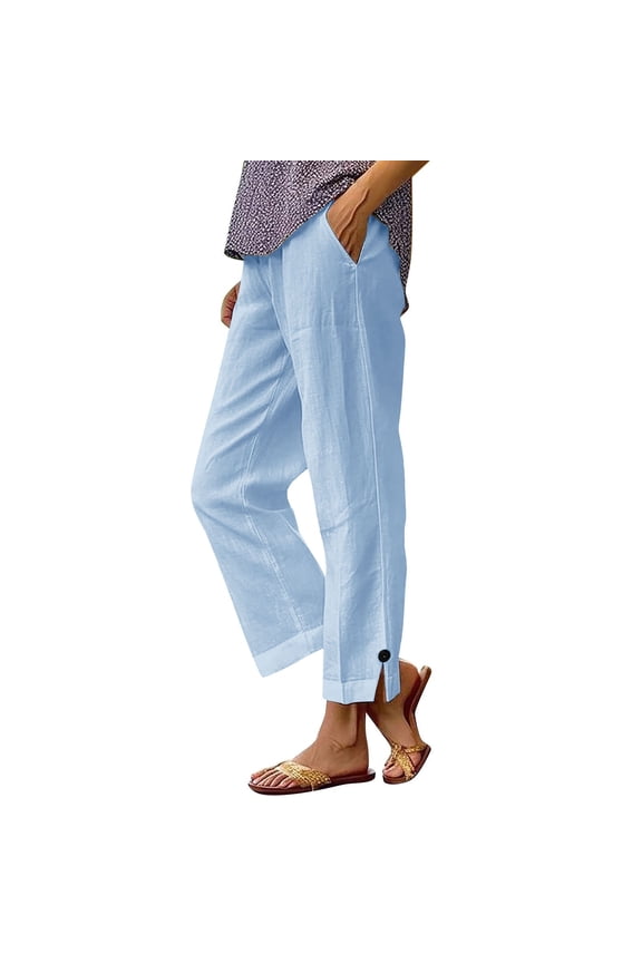 Women's Casual Pants Elastic High Waisted Side Split Straight Leg Pull on Trousers Loose Summer Pants with Pockets