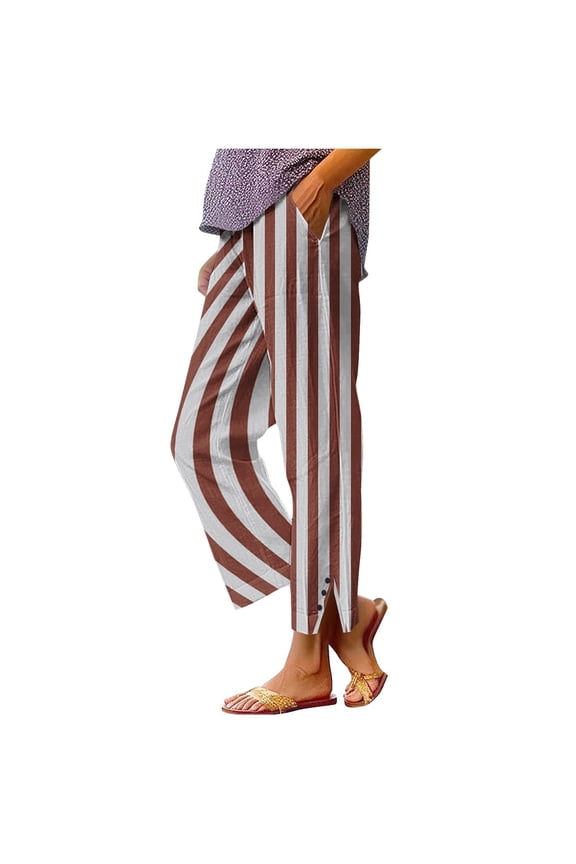 Women's Casual Pants Elastic High Waisted Side Split Striped Straight Leg Pants Loose Trousers with Pockets