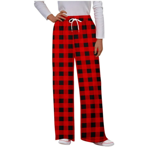 Lenpel Women's Casual Plaid Pants Elastic High Waisted Drawstring Printed Wide Leg Sweatpants Baggy Lounge Trousers