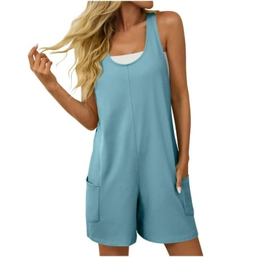 Lenpel Women's Casual Rompers Summer Sleeveless Scoop Neck Racer Back Strap Jumpsuits Trendy Short Overalls with Pockets