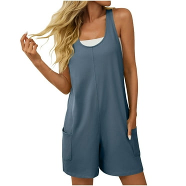 Lenpel Women's Casual Rompers Summer Sleeveless Scoop Neck Racer Back Strap Jumpsuits Trendy Short Overalls with Pockets