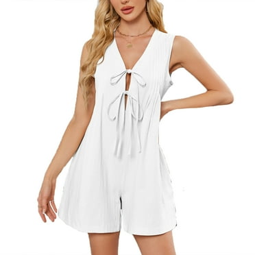 Lenpel Women's Casual Rompers Summer V Neck Sleeveless Tie Front Loose Jumpsuits Trendy Short Overalls