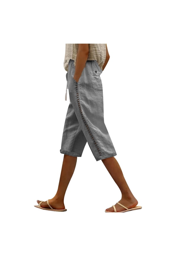 Women's Casual Shorts Elastic Waist Drawstring Knee Length Cotton Linen Beach Shorts Lightweight Summer Shorts