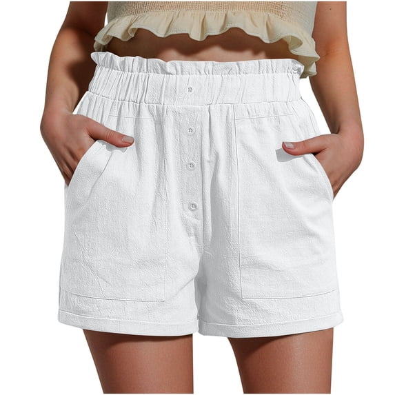 Lenpel Women's Casual Shorts Ruffle Elastic Waist High Rise Button Front Pleated Summer Shorts Beach Vacation Outfits
