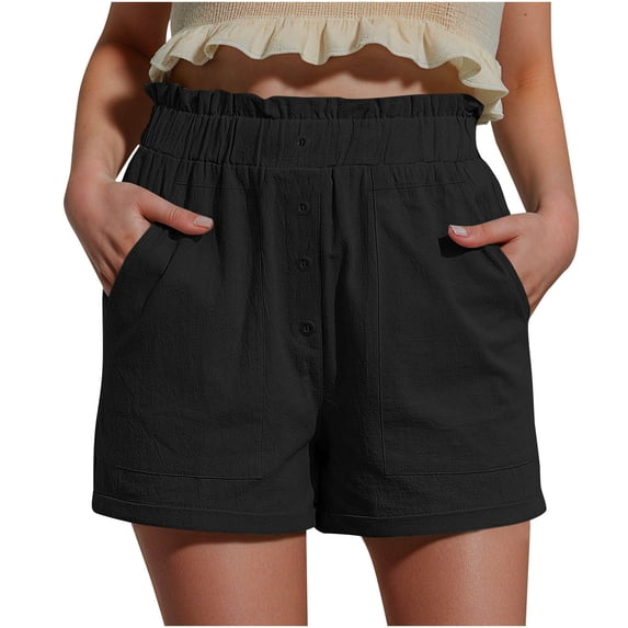 Lenpel Women's Casual Shorts Ruffle Elastic Waist High Rise Button Front Pleated Summer Shorts Beach Vacation Outfits