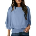 thumbnail image 1 of Lenpel Women's Chiffon Blouses Bell 3/4 Length Sleeve Boat Neck Business Casual Work Tops Loose Tunic Shirts(Blue,Medium), 1 of 7