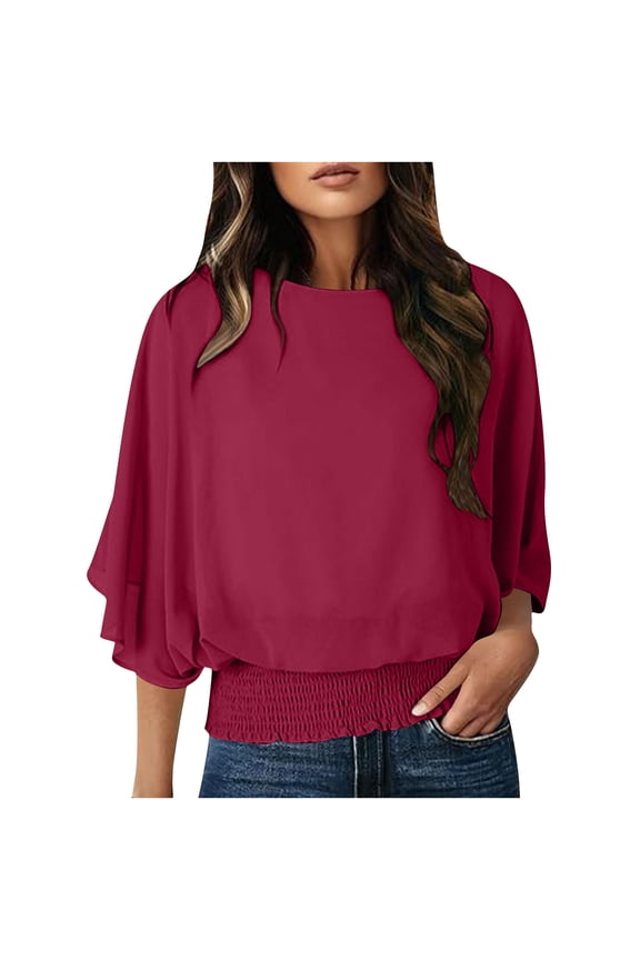 Women's Chiffon Blouses Bell 3/4 Length Sleeve Boat Neck Business Casual Work Tops Loose Tunic Shirts(Hot Pink,Small)