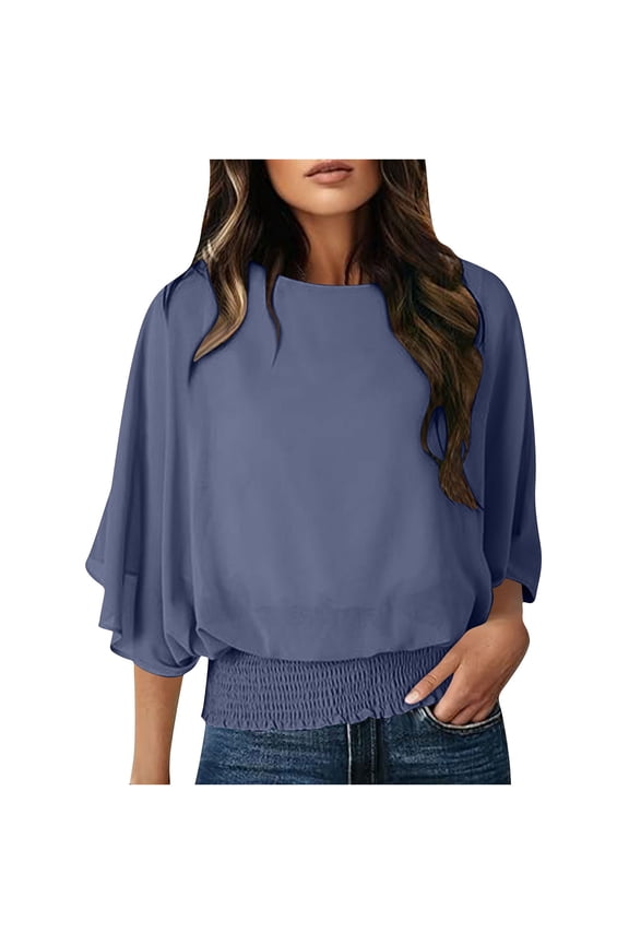 Women's Chiffon Blouses Bell 3/4 Length Sleeve Boat Neck Business Casual Work Tops Loose Tunic Shirts(Navy,Small)