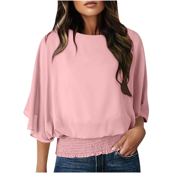 Lenpel Women's Chiffon Blouses Bell 3/4 Length Sleeve Boat Neck Business Casual Work Tops Loose Tunic Shirts(Pink,X-Large)