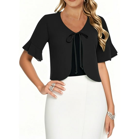 Lenpel Women's Chiffon Cardigans Lightweight Bell Short Sleeve Tie Front Cropped Cover up Tops Summer Cardigan for Dresses