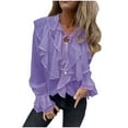 thumbnail image 1 of Lenpel Women's Chiffon Tops Bell Long Sleeve Tie Front Collared Ruffle Trim Layered Button down Shirts Dressy Casual Blouses(Purple,Medium), 1 of 5