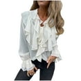 thumbnail image 1 of Lenpel Women's Chiffon Tops Bell Long Sleeve Tie Front Collared Ruffle Trim Layered Button down Shirts Dressy Casual Blouses(White,X-Large), 1 of 5