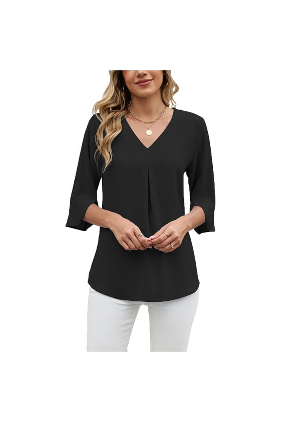 Women's Chiffon Tunic Tops 3/4 Length Sleeve V Neck Pleated Curved Hem Dressy Casual Work Shirts Loose Office Blouses(Black,Medium)
