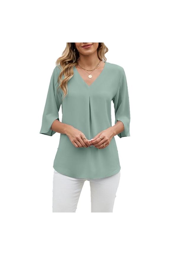 Women's Chiffon Tunic Tops 3/4 Length Sleeve V Neck Pleated Curved Hem Dressy Casual Work Shirts Loose Office Blouses(Green,Small)
