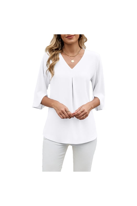 Women's Chiffon Tunic Tops 3/4 Length Sleeve V Neck Pleated Curved Hem Dressy Casual Work Shirts Loose Office Blouses(White,Medium)