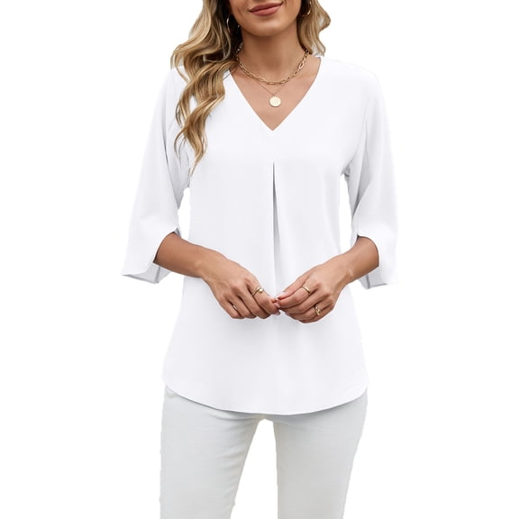 Lenpel Women's Chiffon Tunic Tops 3/4 Length Sleeve V Neck Pleated Curved Hem Dressy Casual Work Shirts Loose Office Blouses(White,X-Large)