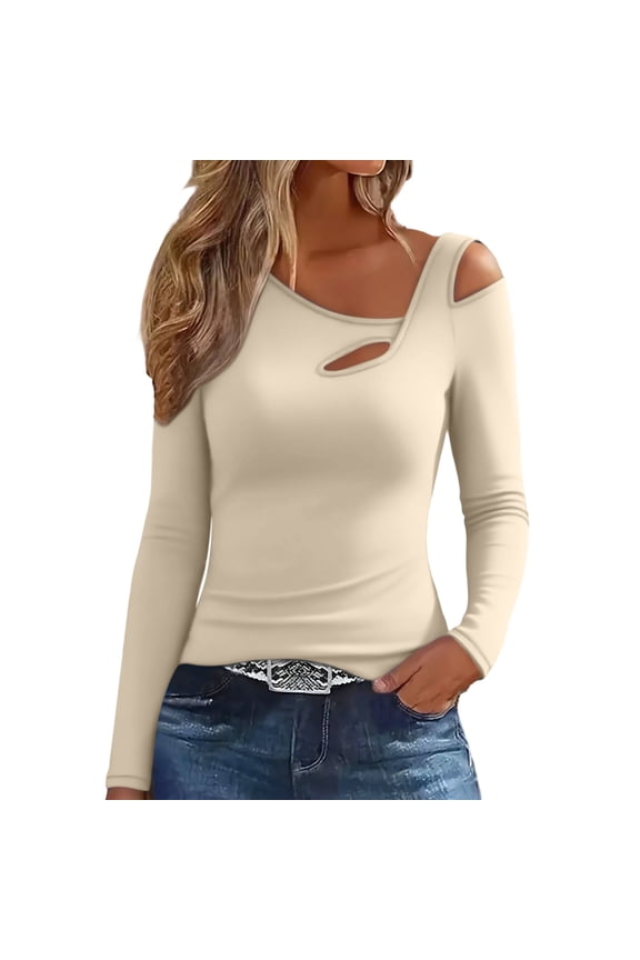 Women's Cold Shoulder Tops Asymmetrical Neck Cut out Long Sleeve Fleece Slim T Shirts Going out Tees Tunic Blouses(Beige,Medium)