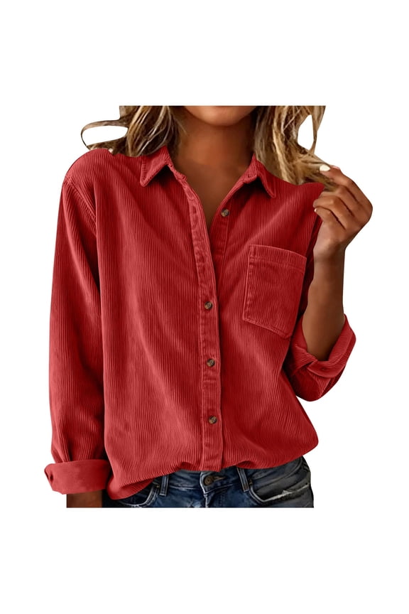 Women's Corduroy Button down Shirts Long Sleeve Loose Collared Blouses Soft Casual Shackets with Pockets(Red,Large)