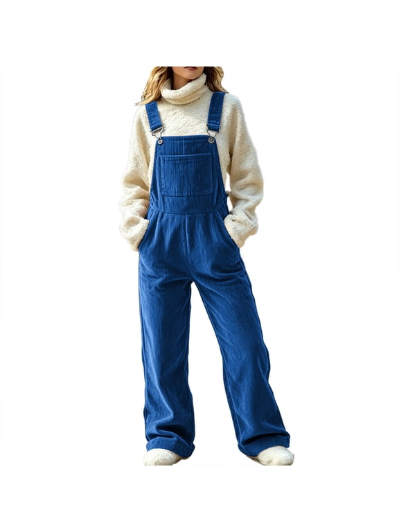 Women's Corduroy Overalls Fall Comfy Soft Sleeveless Loose Jumpsuits with Pockets Casual Vintage Solid Color Warm Rompers(Blue,XX-Large)