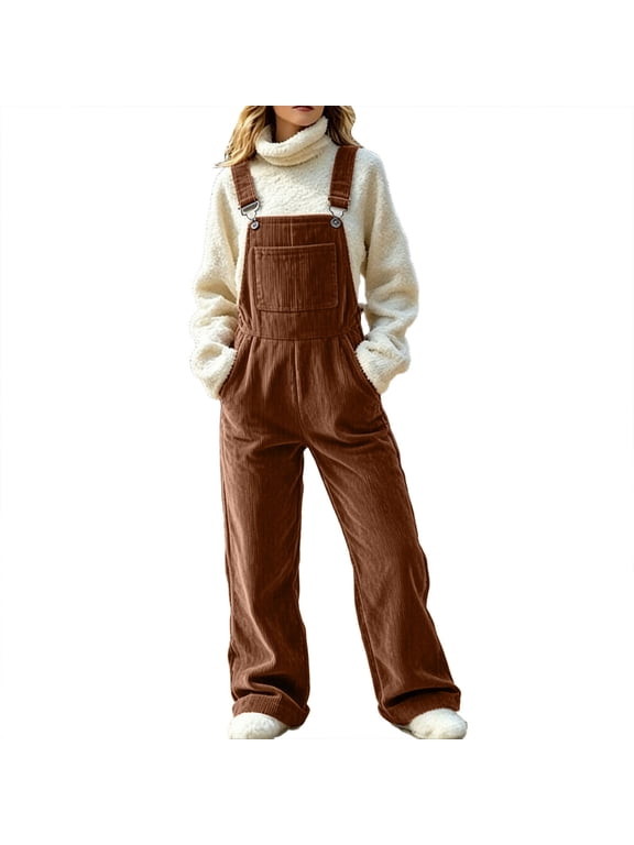 Women's Corduroy Overalls Fall Comfy Soft Sleeveless Loose Jumpsuits with Pockets Casual Vintage Solid Color Warm Rompers(Brown-bb2,Small)