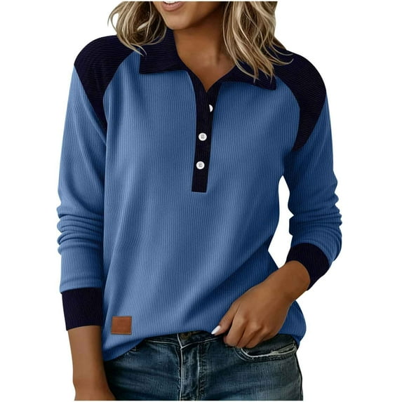 Lenpel Women's Corduroy Pullover Tops Long Sleeve Half Button Collared Color Block Causal Blouses Loose Lightweight Sweatshirts(Blue,X-Large)