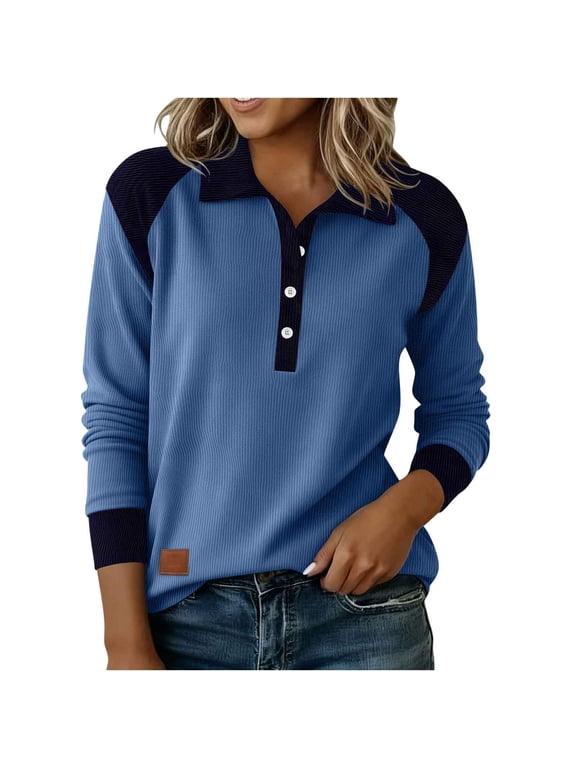 Women's Corduroy Pullover Tops Long Sleeve Half Button Collared Color Block Causal Blouses Loose Lightweight Sweatshirts(Blue,X-Large)