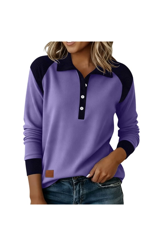 Women's Corduroy Pullover Tops Long Sleeve Half Button Collared Color Block Causal Blouses Loose Lightweight Sweatshirts(Purple,Medium)