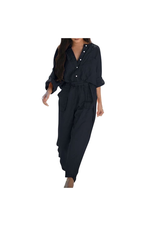 Women's Cotton Linen Cargo Jumpsuits Button up Long Sleeve Belted Rompers V Neck Casual Overalls with Pockets