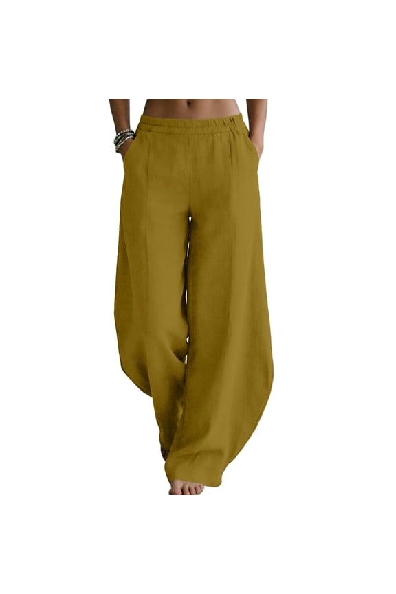 Women's Cotton Linen Palazzo Pants Baggy Elastic High Waisted Lantern Trousers Casual Wide Leg Pants with Pockets