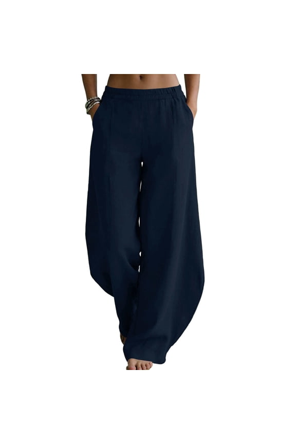 Women's Cotton Linen Palazzo Pants Baggy Elastic High Waisted Lantern Trousers Casual Wide Leg Pants with Pockets