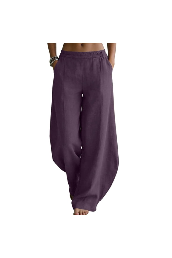 Women's Cotton Linen Palazzo Pants Baggy Elastic High Waisted Lantern Trousers Casual Wide Leg Pants with Pockets