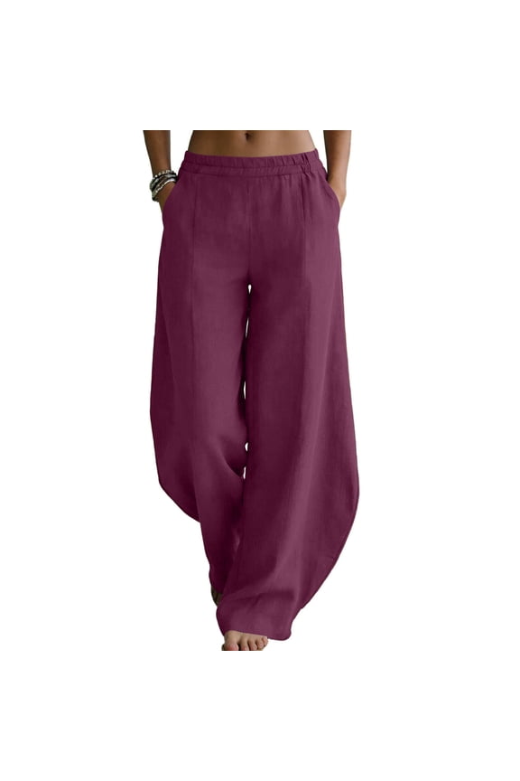 Women's Cotton Linen Palazzo Pants Baggy Elastic High Waisted Lantern Trousers Casual Wide Leg Pants with Pockets