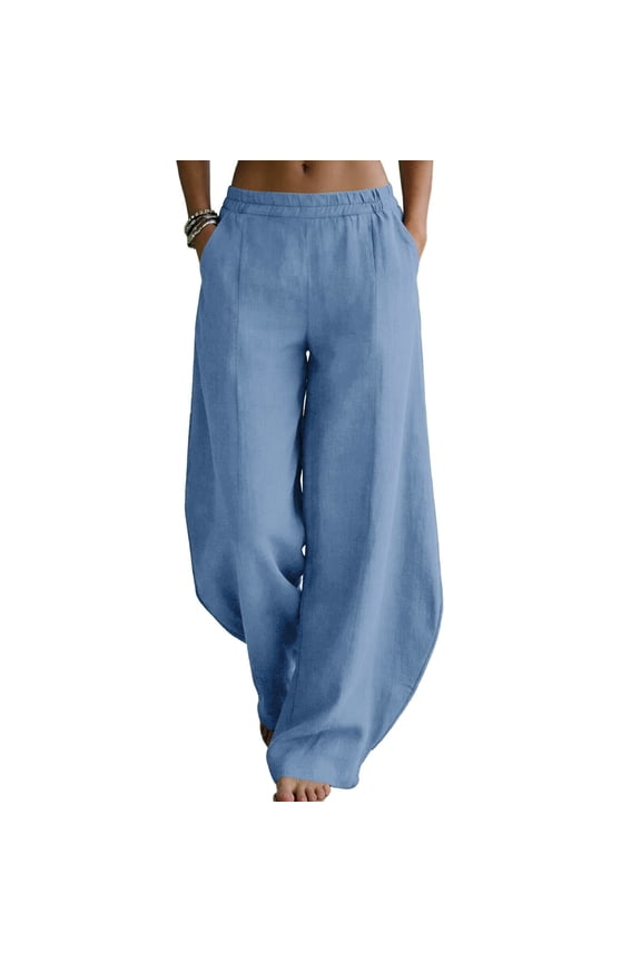 Women's Cotton Linen Palazzo Pants Baggy Elastic High Waisted Lantern Trousers Casual Wide Leg Pants with Pockets
