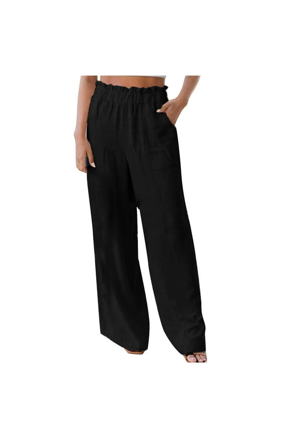 Women's Cotton Linen Palazzo Pants Ruffle Elastic High Waisted Wide Leg Pants Baggy Casual Trousers with Pockets