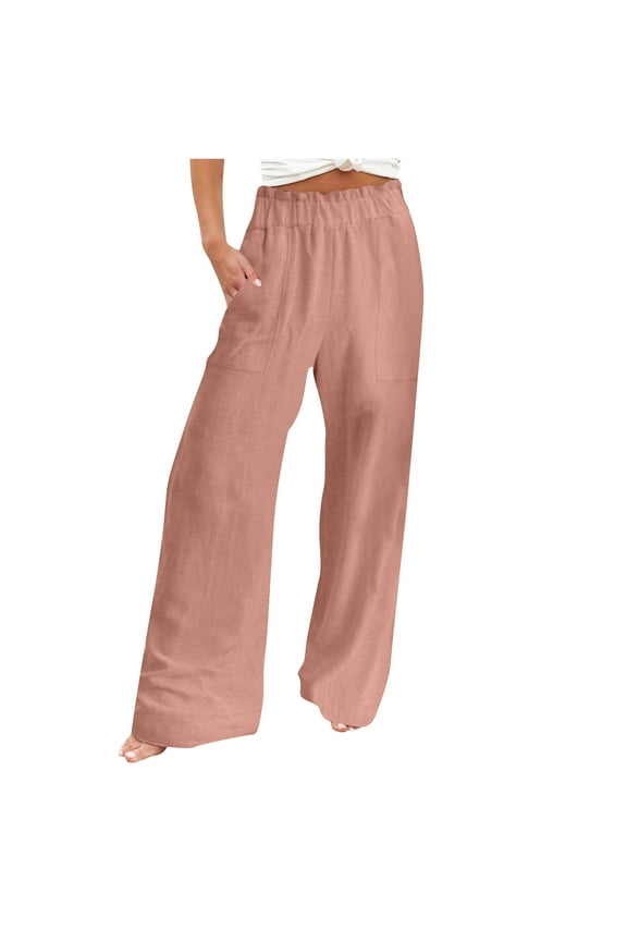 Women's Cotton Linen Palazzo Pants Ruffle Elastic High Waisted Wide Leg Pants Baggy Casual Trousers with Pockets