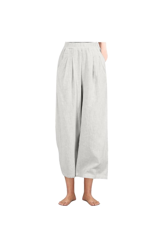 Women's Cotton Linen Pants Baggy Elastic High Waisted Pleated Front Wide Leg Trousers Casual Palazzo Pants with Pockets