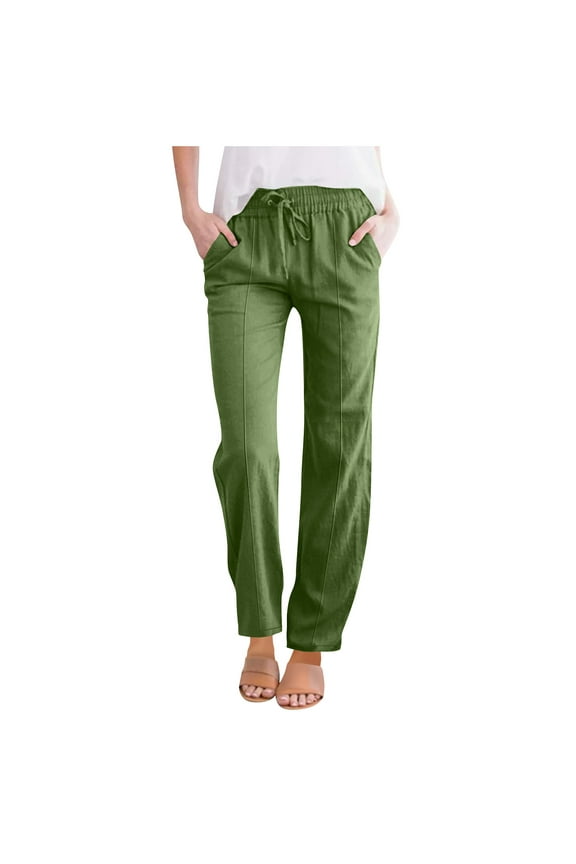 Women's Cotton Linen Pants Elastic High Waisted Drawstring Straight Leg Casual Trousers Loose Beach Pants