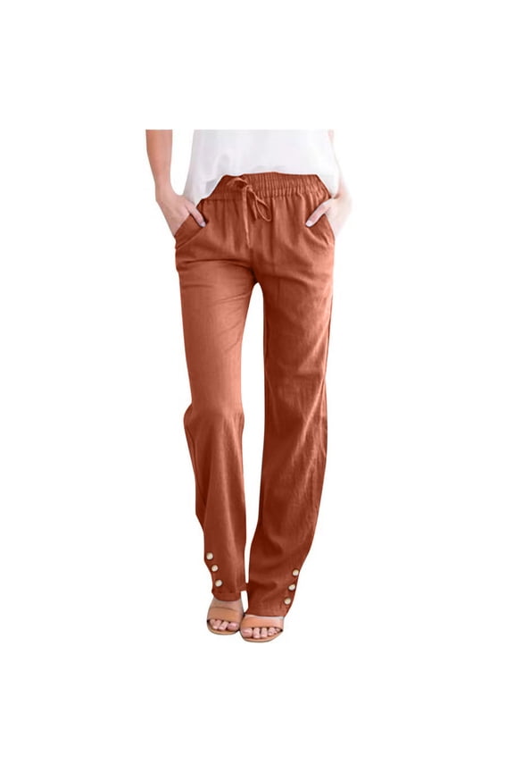 Women's Cotton Linen Pants Elastic High Waisted Drawstring Straight Leg Lounge Pants Casual Beach Trousers