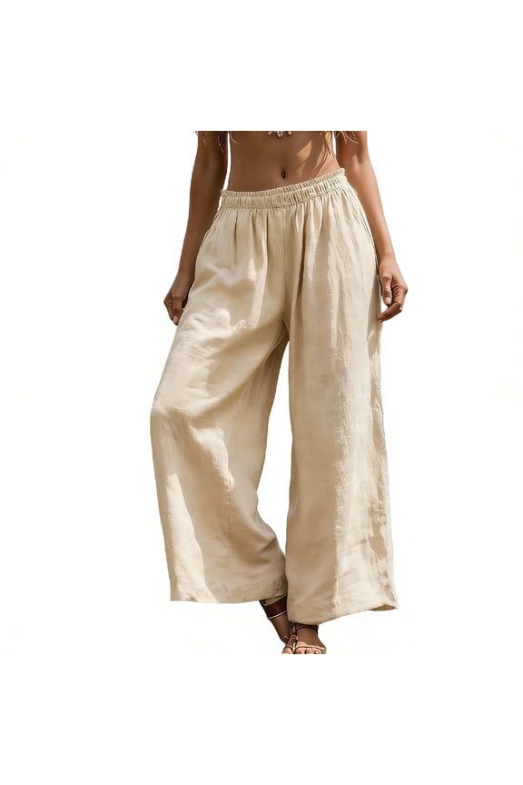 Women's Cotton Linen Pants Elastic High Waisted Pull on Pleated Wide Leg Casual Pants Palazzo Beach Trousers with Pockets