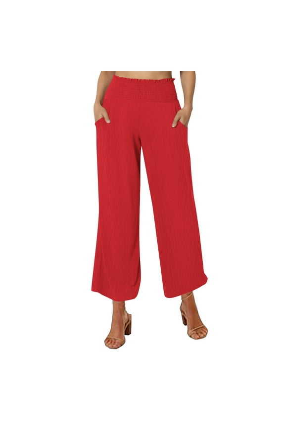 Women’s Cotton Linen Pants Elastic High Waisted Wide Leg Pants Casual Loose Beach Trousers with Pockets