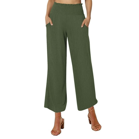 Lenpel Women’s Cotton Linen Pants Elastic High Waisted Wide Leg Pants Casual Loose Beach Trousers with Pockets