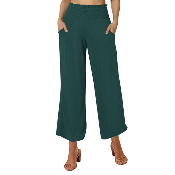 Lenpel Women’s Cotton Linen Pants Elastic High Waisted Wide Leg Pants Casual Loose Beach Trousers with Pockets