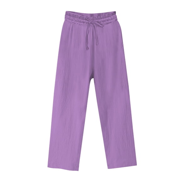 Lenpel Women's Cotton Linen Pants Elastic Waist Drawstring Plus Size Straight Leg Beach Pants Loose Fit Casual Trousers(Purple,X-Large)