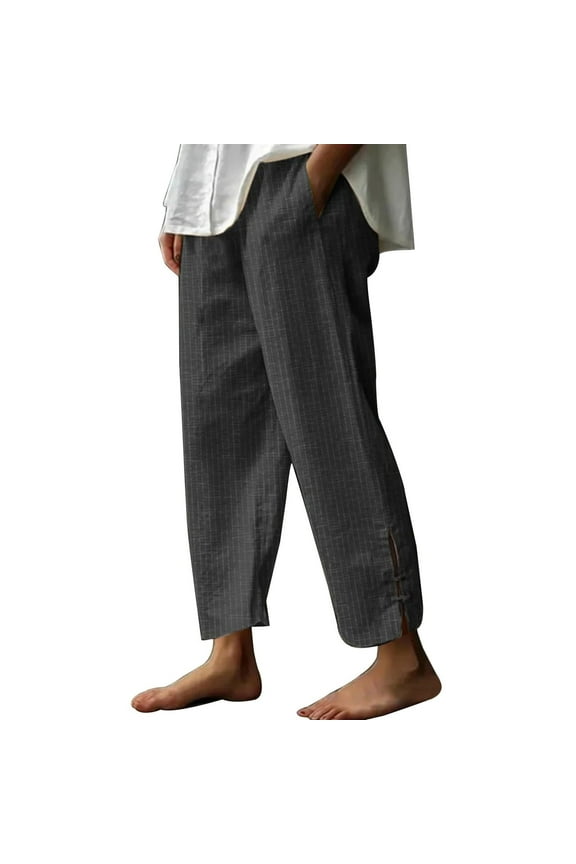 Women's Cotton Linen Pants Elastic Waist Tapered Side Split Striped Wide Leg Pants Loose Casual Trousers with Pockets(Black,Small)