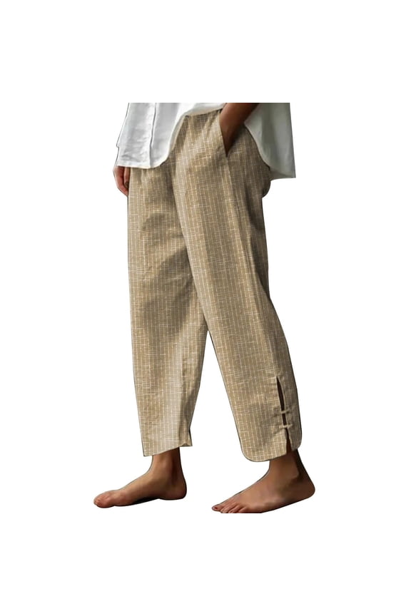 Women's Cotton Linen Pants Elastic Waist Tapered Side Split Striped Wide Leg Pants Loose Casual Trousers with Pockets(Khaki,X-Large)