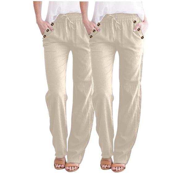 Lenpel Women's Cotton Linen Pants High Waisted Drawstring Straight Leg Lounge Pants Lightweight Beach Trousers