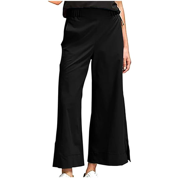 Lenpel Women's Cotton Linen Pants High Waisted Side Split Hem Wide Leg Dressy Trousers Casual Palazzo Pants with Pockets