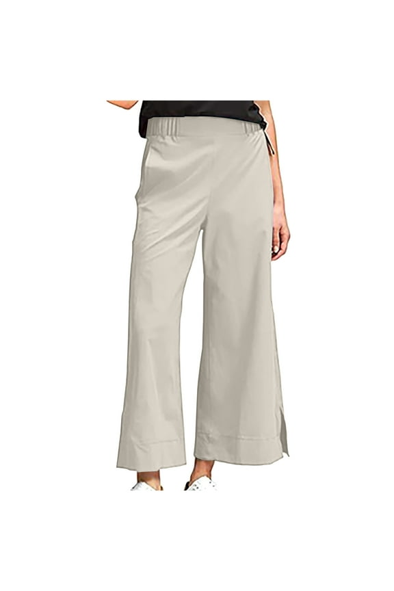 Women's Cotton Linen Pants High Waisted Side Split Hem Wide Leg Dressy Trousers Casual Palazzo Pants with Pockets