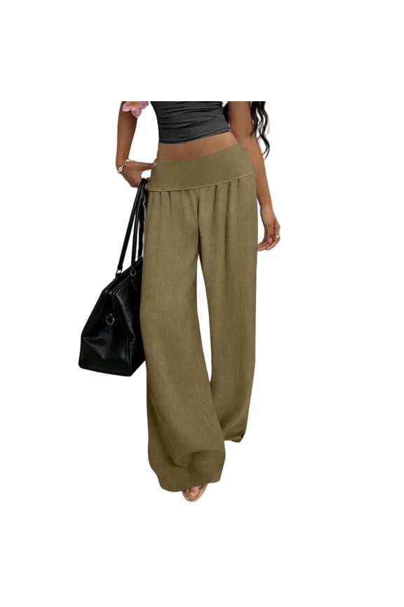 Women's Cotton Linen Pants Pleated Wide Leg Pants Full Length Palazzo Pants Baggy Casual Trousers with Pockets